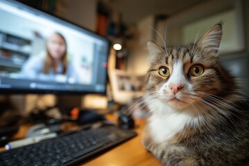 Attentive Cat Watches an Online Vet on a Computer During a Virtual Exam
