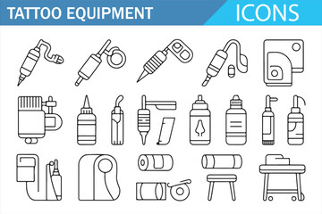 Tattoo studio equipment thin line icon set for professional artists