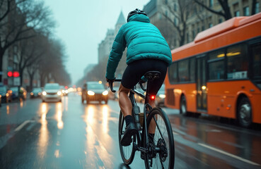 Cyclist rides bicycle on wet city street. Heavy traffic moves around person, orange public bus passes nearby. Road surface reflects bright car headlights. Biker commutes through busy urban