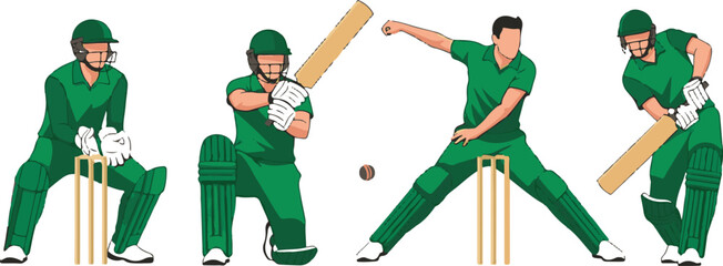 Diverse cricket player set in action with various poses and equipment