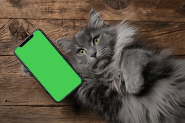 Naklejka premium Fluffy Grey Cat Holding a Smartphone with a Green Screen for a Vet App