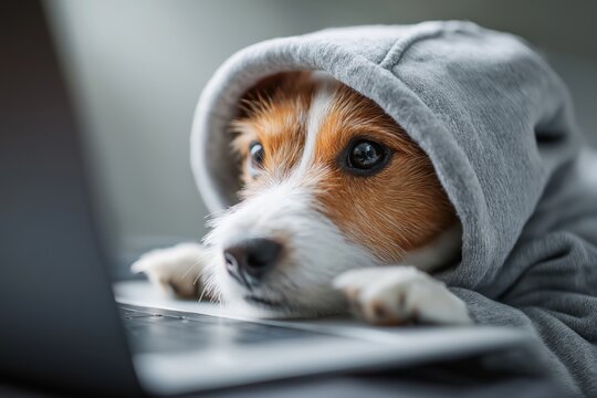 Jack Russell Dog in a Hoodie Focused on a Laptop for a Virtual Vet Call - Powered by Adobe