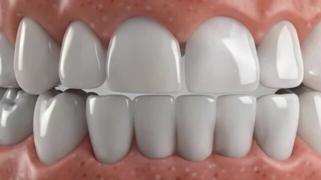 Close up view of upper and lower teeth with gums, showing dental anatomy and oral health details