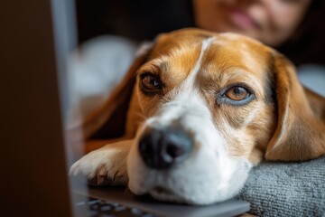 Close-up of a Beagle Dog's Face During an At-Home Online Vet Call