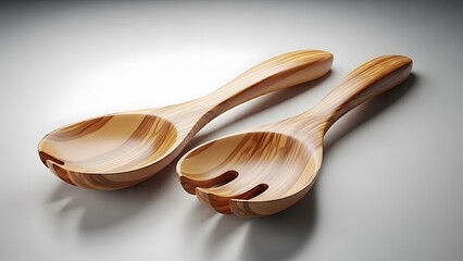 Two wooden salad servers with a natural wood grain texture