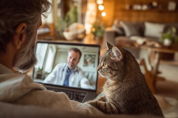 Man and His Pet Cat Having a Video Consultation with a Veterinarian
