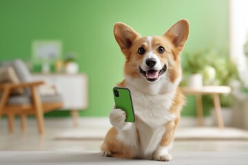 Happy Corgi Dog Holding a Smartphone for an Online Vet Call