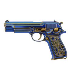 Ornate Blue and Gold Pistol on White Background