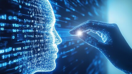 "Side profile of human head dissolving into binary code while a hand gently turns off a glowing switch, metaphor for mental detox, clean composition, white and blue tones, 