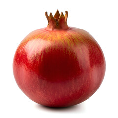 A single ripe red pomegranate with a crown on a white background