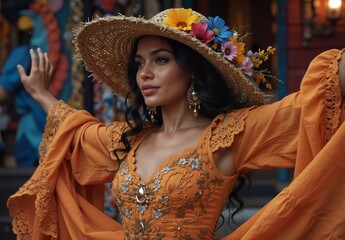 beautiful woman in vibrant orange dress and straw hat with flowers enjoying a summer day.