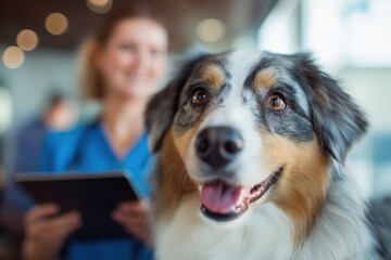 Happy Australian Shepherd Dog at a Vet Clinic with a Female Doctor