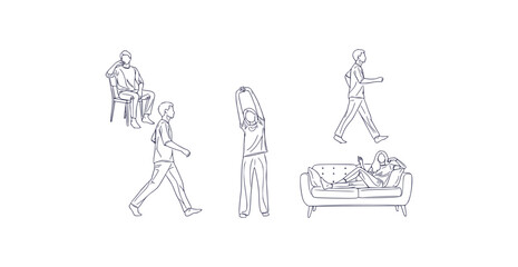 Minimalist thin line vector illustrations of people in various everyday poses and activities