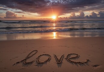 romantic beach scene with "love" written in the sand at sunset with gentle waves and a vibrant sky.