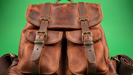 Vintage Leather Backpack on Green Background.