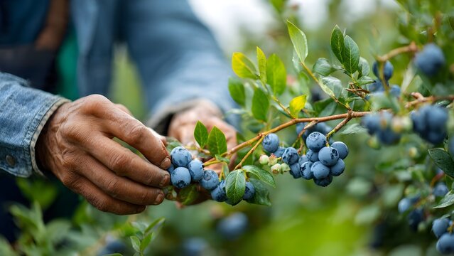 Hand picking fresh ripe blueberries from a lush green bush - Powered by Adobe