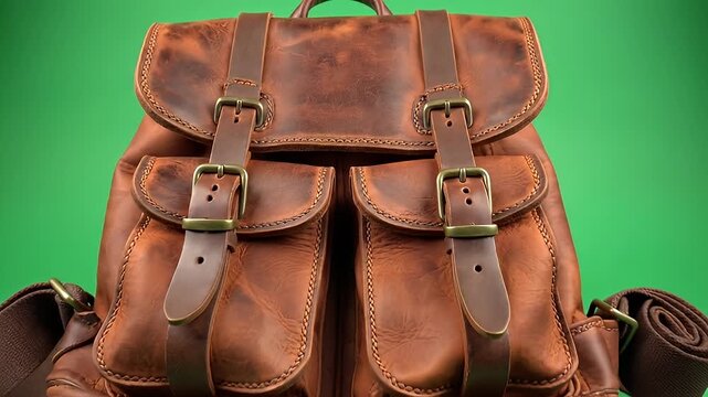Vintage Leather Backpack on Green Background.