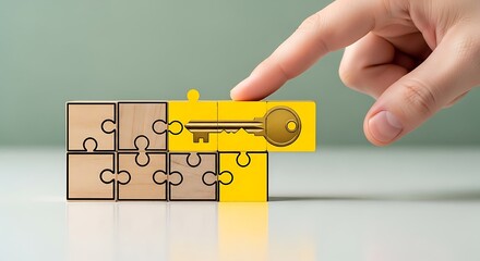 Hand placing final yellow puzzle piece with golden key icon to complete the solution concept against a light background