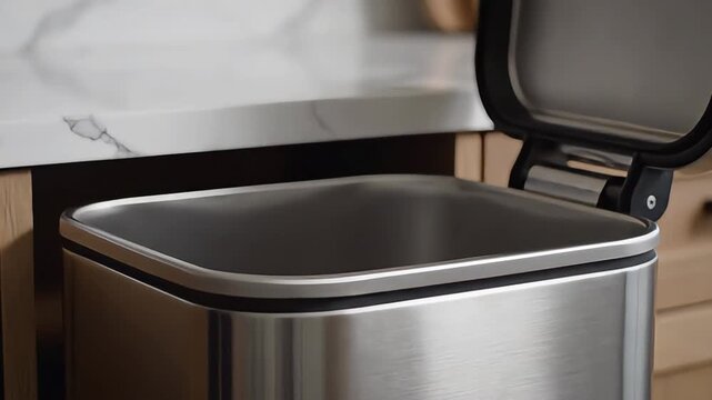 An open stainless steel waste bin, set against a backdrop of a stylish kitchen counter, embodies contemporary design and the essence of home organization.