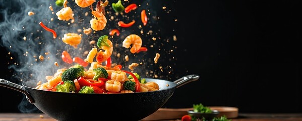 Shrimps and mixed veggies fly up from pan. Wok cooking preparation food in motion on dark. Culinary concept with chef preparing healthy stir fry meal with seafood ingredients.