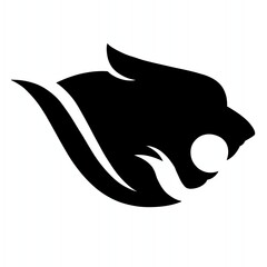 Obraz premium A stylized black silhouette of a roaring panther's head with a white swoosh design and a circle near its mouth, set against a white background. It's a dynamic logo.