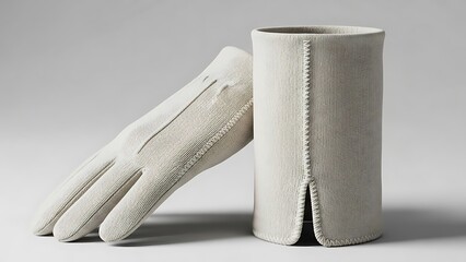 Elegant white lace gloves and matching cuff bracelet on gray background