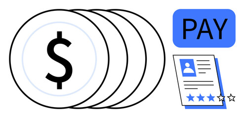Stacked coins with dollar sign, profile document with stars, and PAY label emphasize salary, hiring, efficiency, reward systems. Ideal for business, finances, HR evaluations ratings payrolls