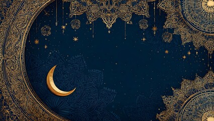 Enchanting Ramadan Night Sky with Golden Crescent Moon and Luxurious Islamic Ornamentation