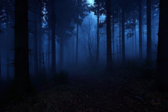 Dark forest scene with tall trees shrouded in blue mist, illuminated faintly