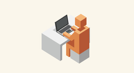 Obraz premium Dynamic isometric illustration showcasing a professional engaged in digital tasks at a modern desk, embodying focus, productivity, and contemporary work environments