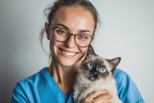 Portrait of a Smiling Female Vet Holding a Cute Siamese Cat