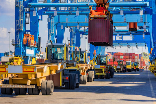 Cargo Truck and Cargo Ship in Port facilities, Container terminal in Ashdod, Israel