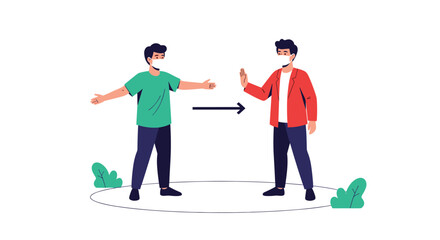 Illustration depicting two masked figures maintaining social distance, an arrow indicating direction and a dotted circle outlining proximity.