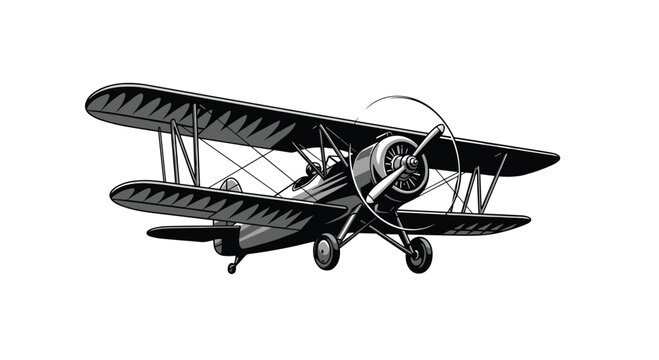 Vintage biplane soaring through the air, a classic symbol of aviation and flight in a detailed illustration against a white background.