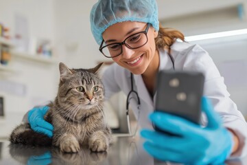 Veterinarian Taking a Selfie with a Cat During a Telehealth Update