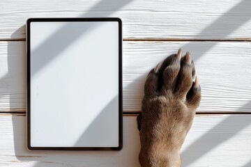 Dog Paw Next to a Blank Tablet on a White Wooden Desk Mockup