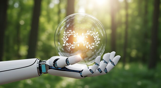Robot hand holding glowing sphere with leaf symbol representing environmental technology and sustainable future in forest - Powered by Adobe