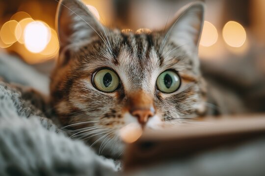 Tabby Cat's Wide Green Eyes Staring Out from a Cozy Blanket