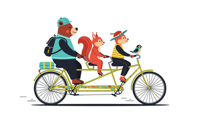 Fototapeta premium A cheerful trio of anthropomorphic animals—a bear, a squirrel, and a fox with a bird—enjoy a ride on a tandem bicycle.