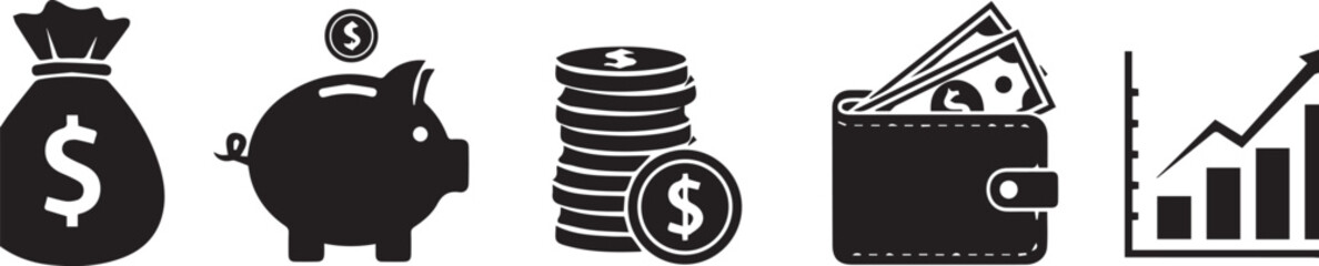 Obraz premium Black and white financial icons symbolizing money savings and investment growth