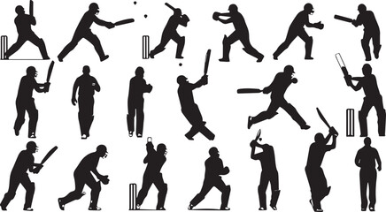 Silhouette Collection of Cricket Players in Action with Bats and Balls