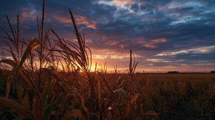 Warm sunlight spills over tall corn stalks in a peaceful field at sunset creating a magical scene.