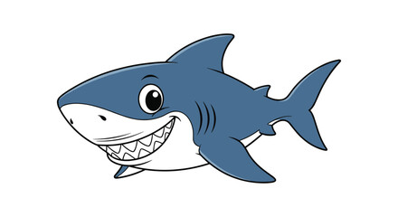 Fototapeta premium A cheerful and friendly cartoon blue shark with a big smile and happy eye, swimming against a clean white background.