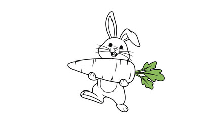 A cartoon rabbit happily holding a giant carrot, a symbol of spring and abundance, rendered with simple lines and bright colors.