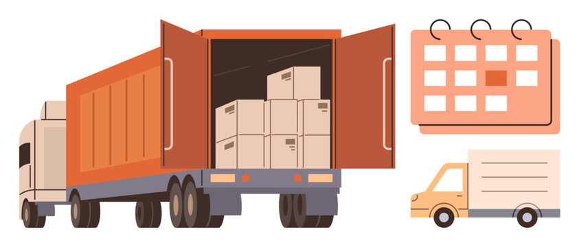 Cargo truck with open container loaded with boxes, small delivery truck, and planning calendar. Ideal for logistics, transportation, supply chain, scheduling, freight management, delivery services