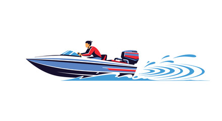 Naklejka premium Man driving a fast blue and white speed boat leaving a wake of water behind him.