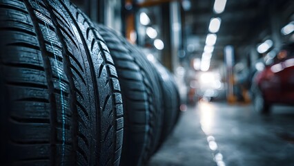 Row of New Car Tires in a Modern Automotive Service Center