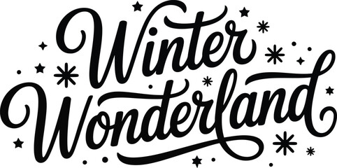 Stylish black Winter Wonderland hand lettering featuring whimsical stars and small dots on white