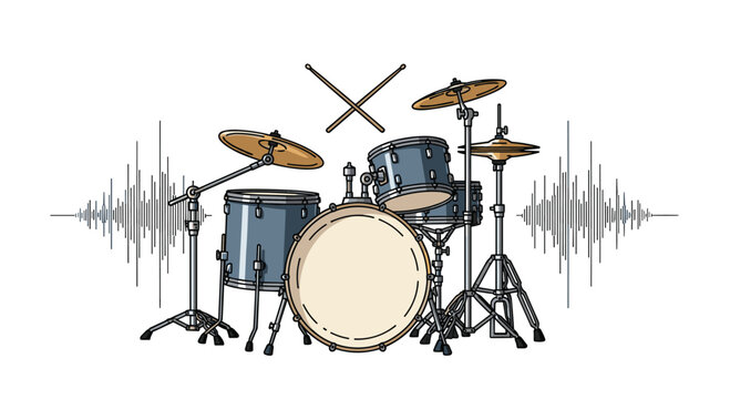 A dynamic illustration of a drum kit with sound waves symbolizing music production.