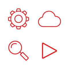 Collection of red line art icons: gear, cloud, magnifying glass, and play button symbol, for digital interface